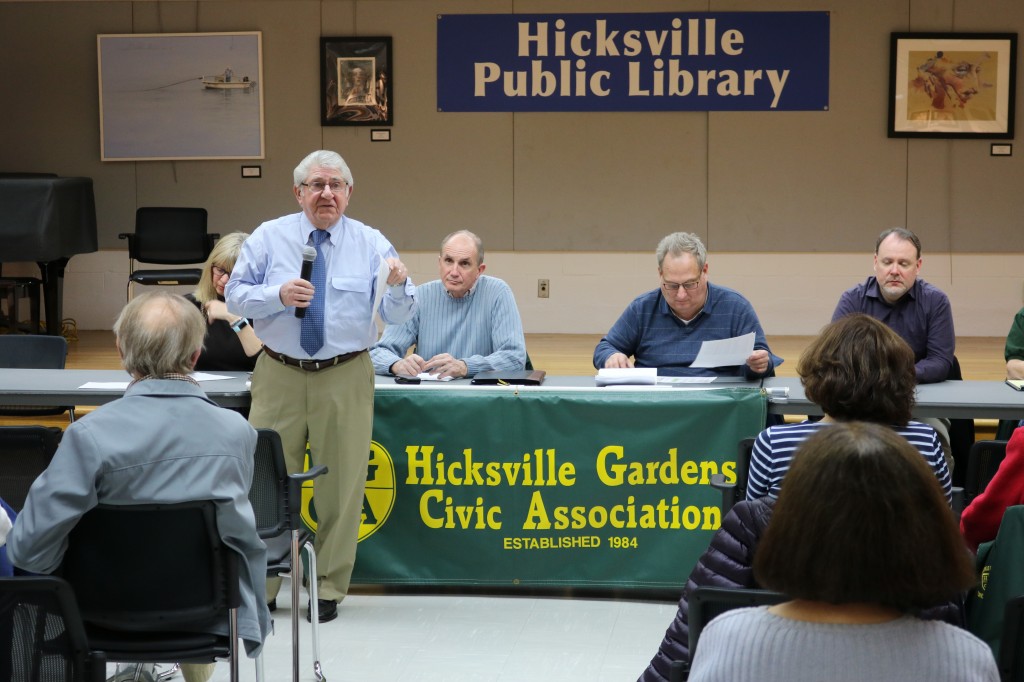 Hicksville Water District Commissioner Nicholas J. Brigandi addresses questions from concerned residents of the Hicksville Gardens Civic Association.